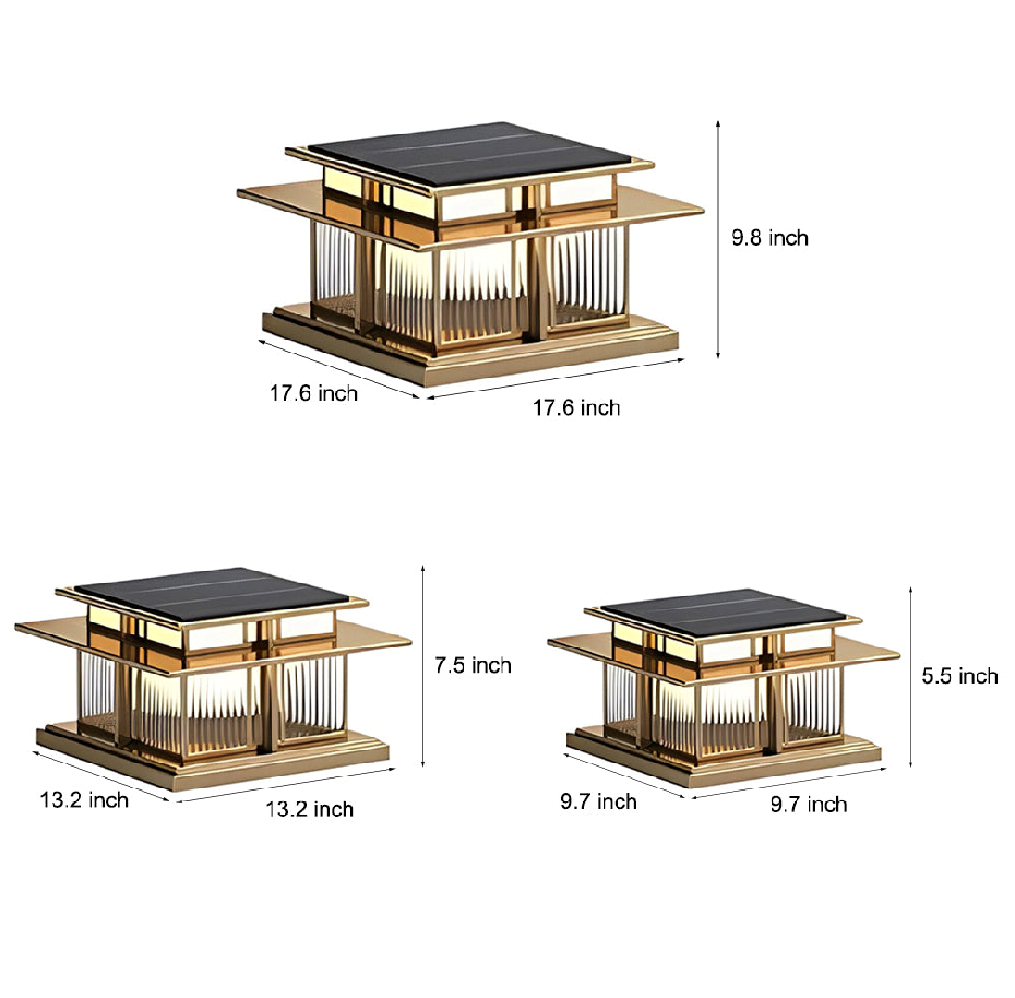 Specifications for three different sizes of porch pillar lights