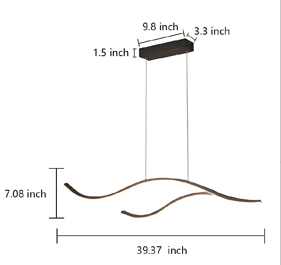 Product dimension diagram of the curved LED pendant light 7.08in*39.37inch