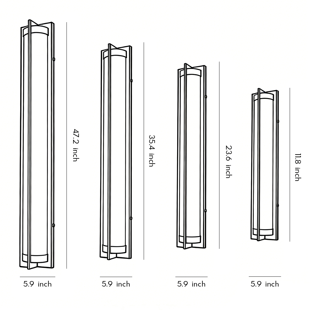 Product size diagrams for four sizes of black outdoor wall sconces