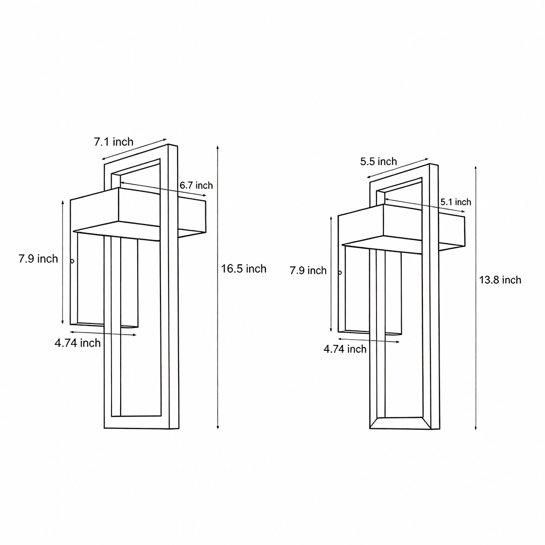 Four specifications and dimension drawings of black outdoor wall scope modern Product dimension drawings