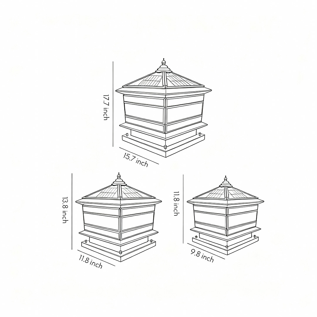 Three specifications and dimension drawings of stone pillar solar lights Product dimension drawings