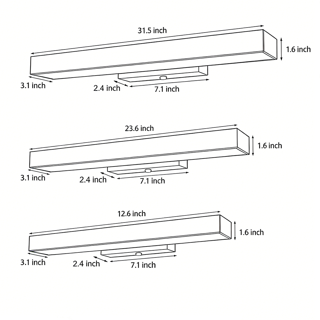 Three specifications and dimension drawings of led linear wall light Product dimension drawings
