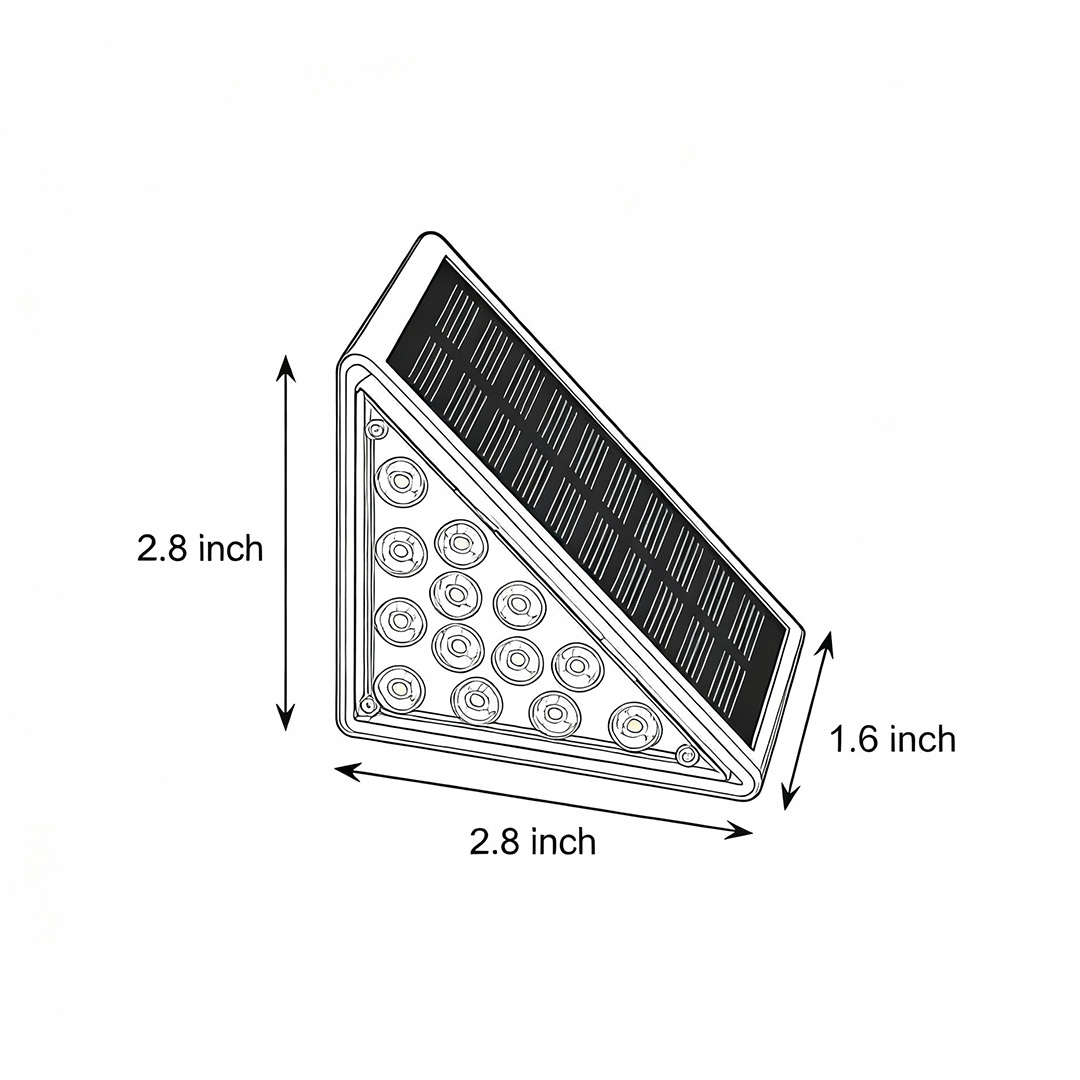 Specifications and dimensions of solar powered lights for steps Product dimensions 2.8inch*1.6inch*2.8inch