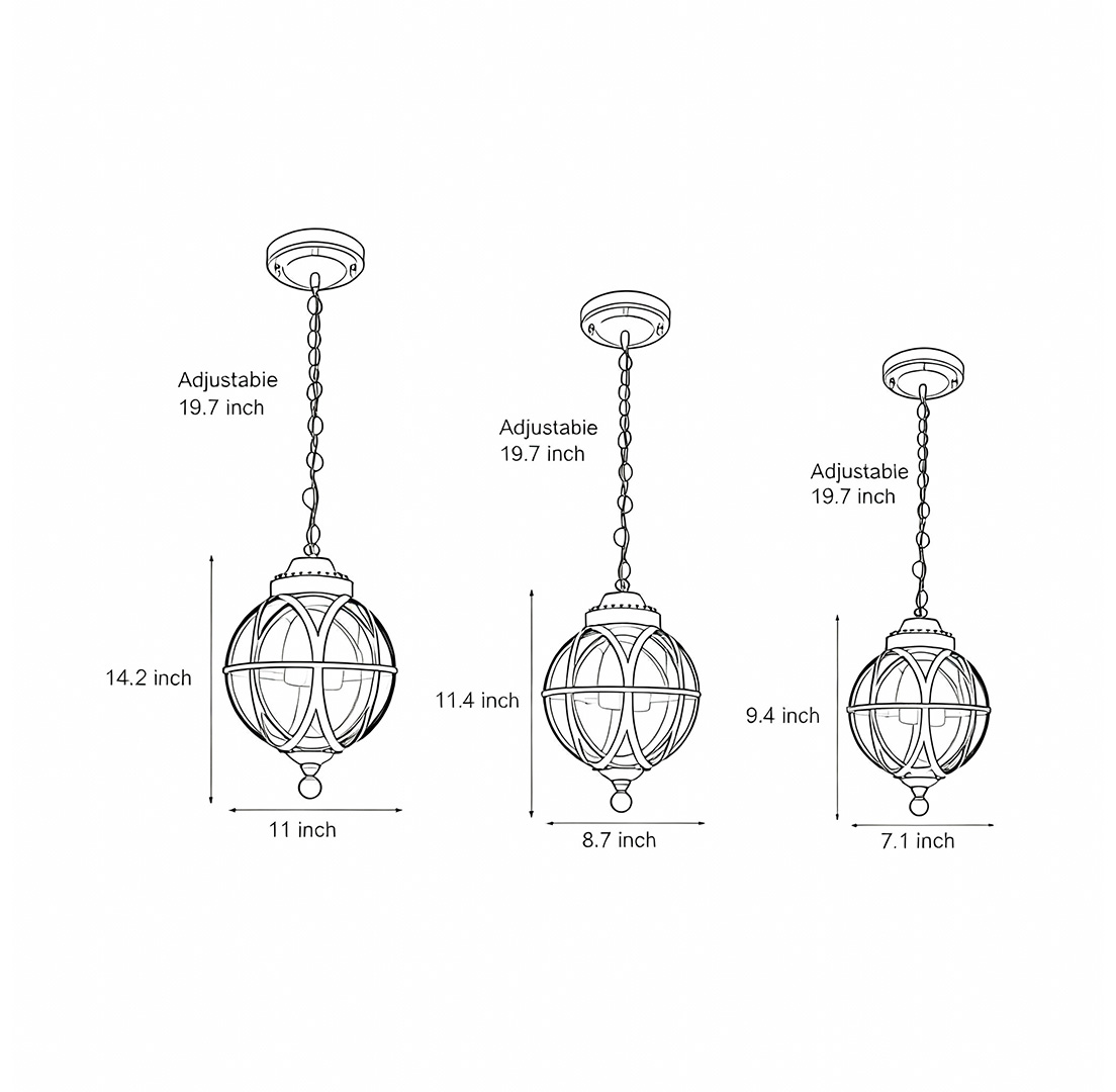 Three specifications and dimensional drawings of metal orb pendant light product dimensional drawings