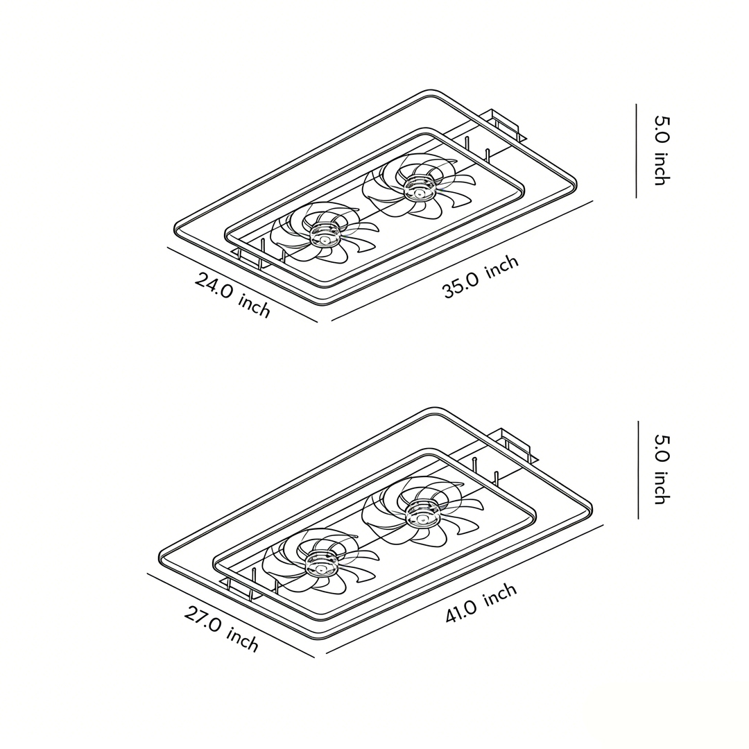 Two specifications and dimensional drawings of dual head ceiling fans Product dimensional drawings