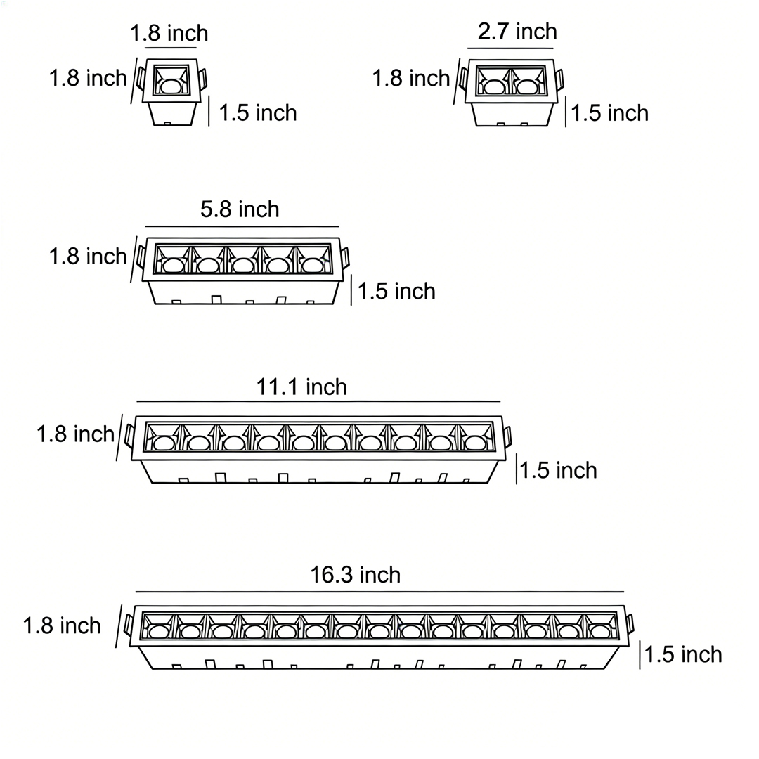 Product size drawings of five specifications of recessed ceiling spot lights​​