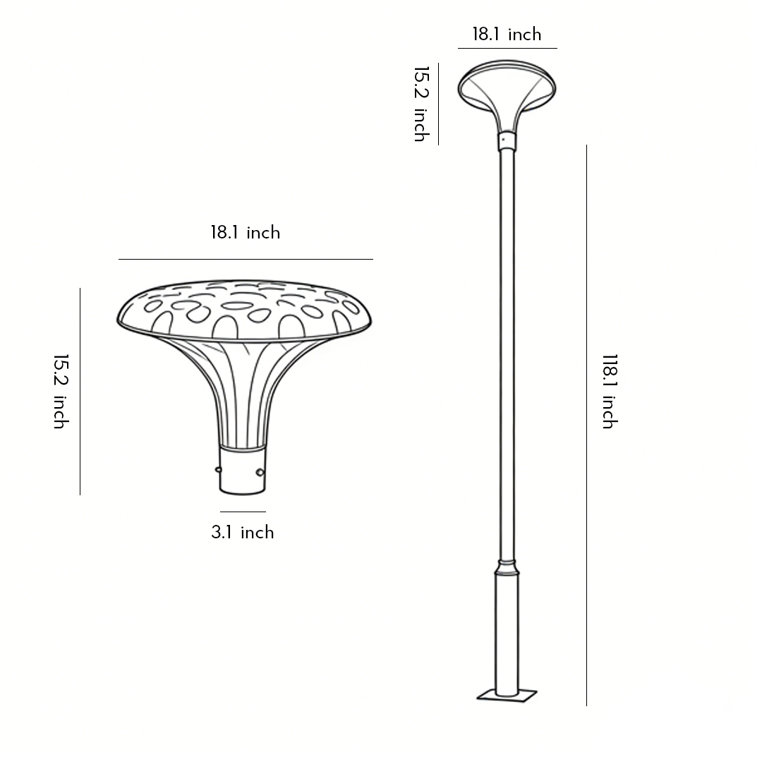 Product size chart of ufo solar street light 18.1inch*15.2inch*118.1inch