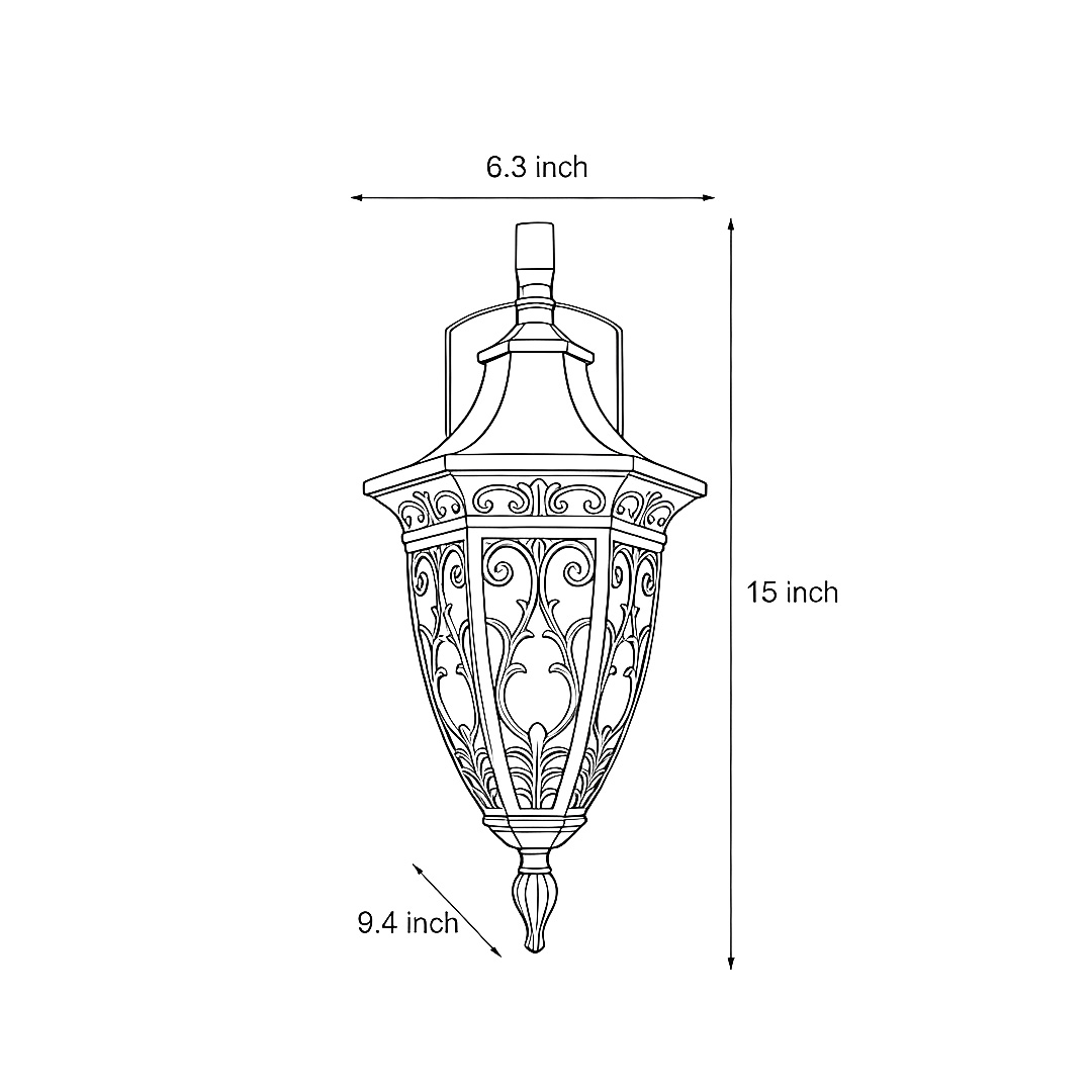 Product size diagram of three specifications of antique art deco wall sconces 9.4inch*15inch*6.3inch