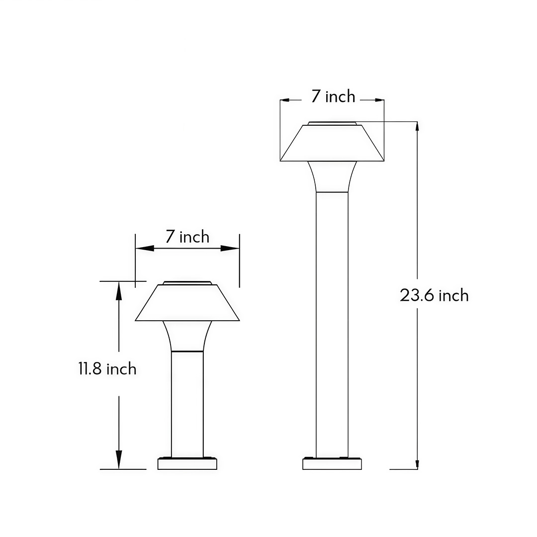 Product size drawings of two specifications of residential bollard lights, 11.8inch*7inch, 23.6inch*7inch