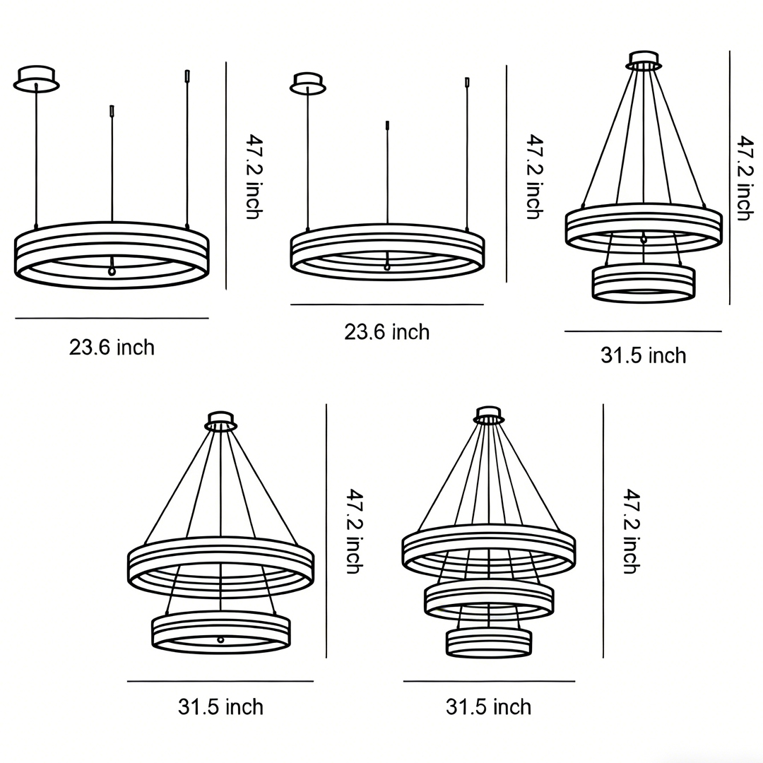 Product size diagram of five specifications of modern circular chandelier