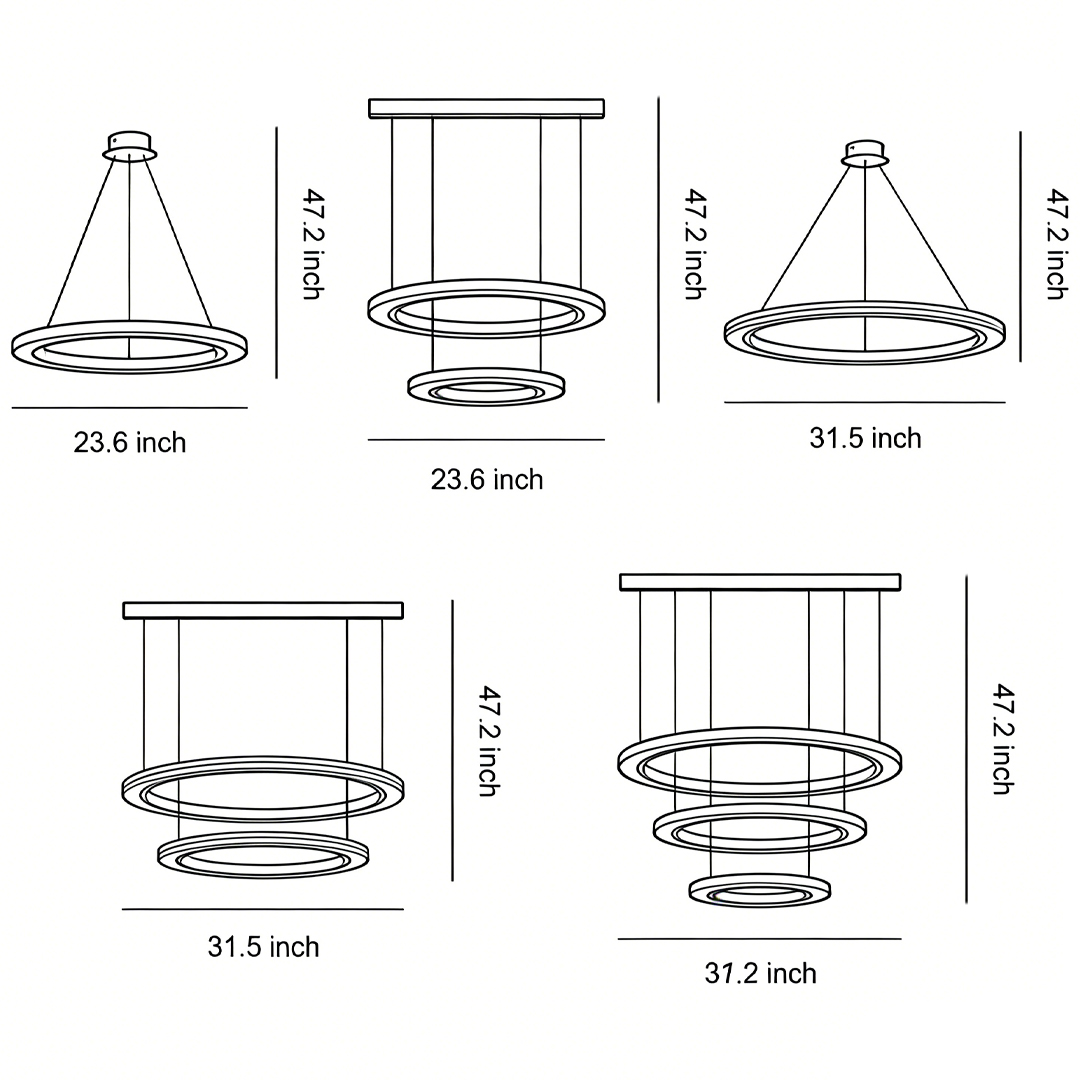 Product size diagram of five specifications of round modern chandelier