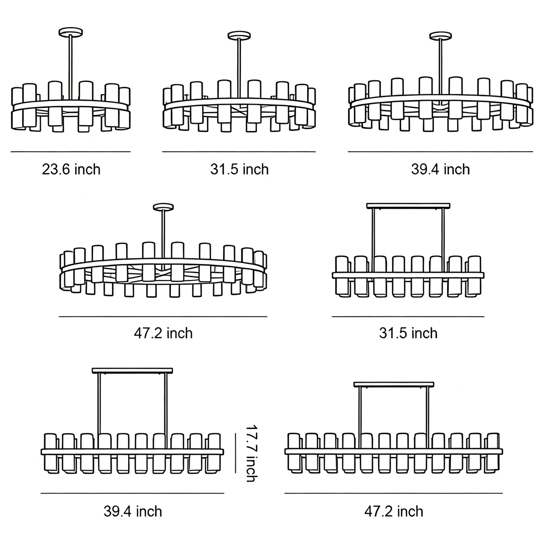 Product size diagrams of seven specifications of luxury crystal chandeliers