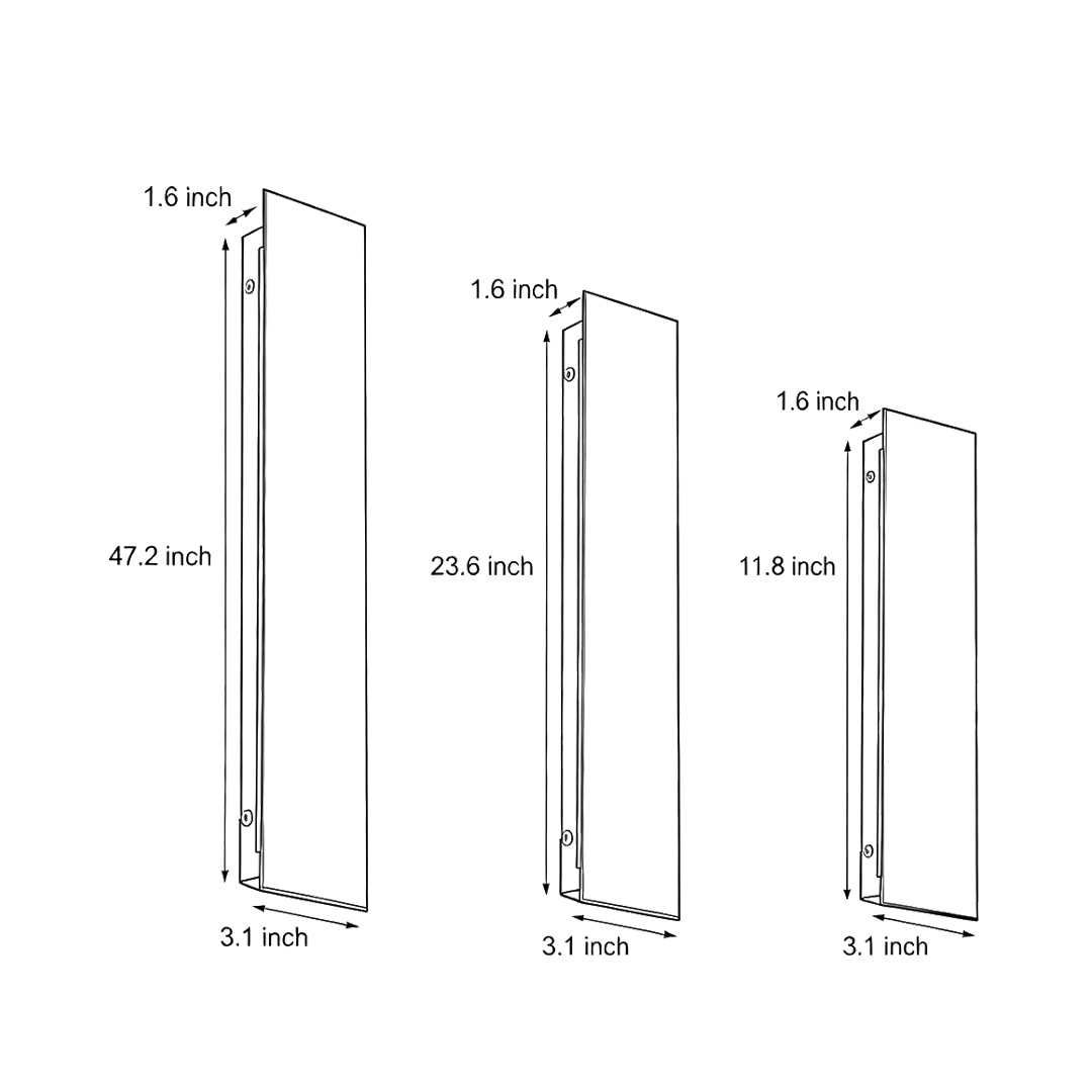 Three product structure dimension drawings for Linear Outdoor Wall Lights