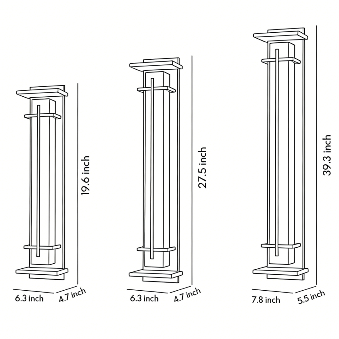 Product size diagrams for three specifications of black exterior wall lights