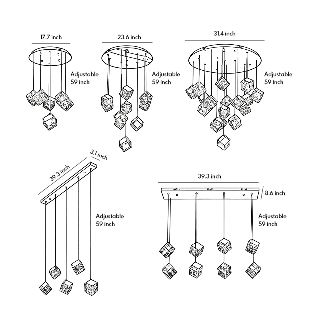 Product size diagrams for five specifications of chandelier with crystals