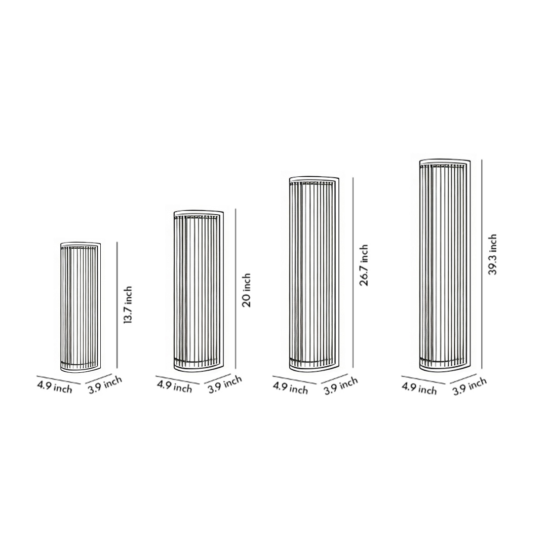Product dimension diagrams for four specifications of vertical wall sconce lighting