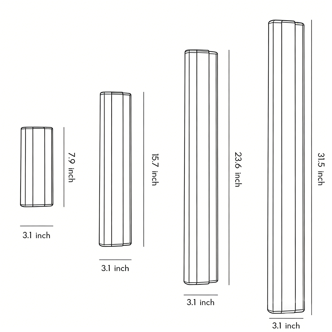 Product dimension diagrams for four sizes of modern linear wall sconces