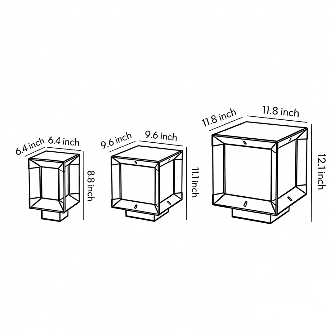 Product dimension diagrams for three specifications of outdoor modern pillar lights