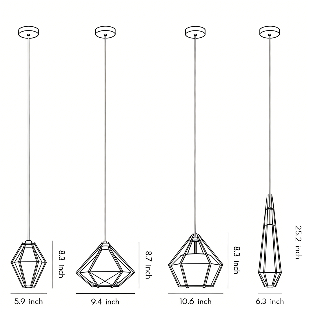 Four product structure dimension diagrams for geometric glass pendant lights