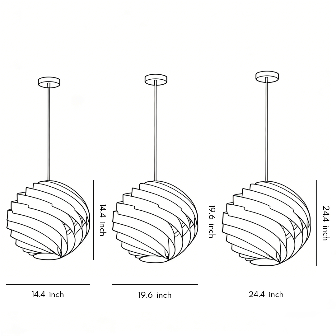 Product size diagrams for three sizes of swirl pendant lights