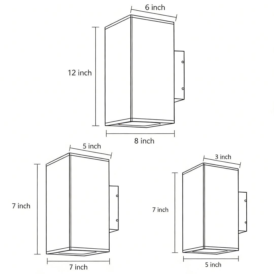 Three product structure dimension drawings of wall sconces with upward and downward lighting