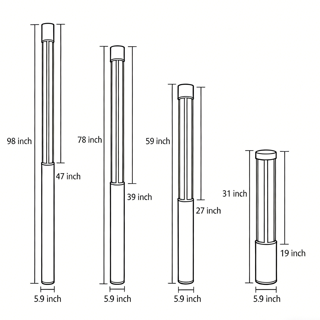 Four product structure dimension drawings for residential bollard lights