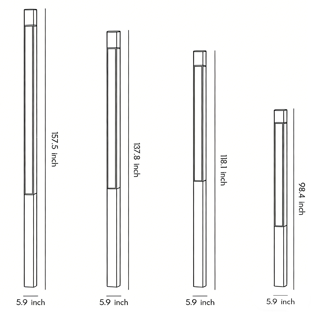 Four product structure dimension drawings for garden bollard lights
