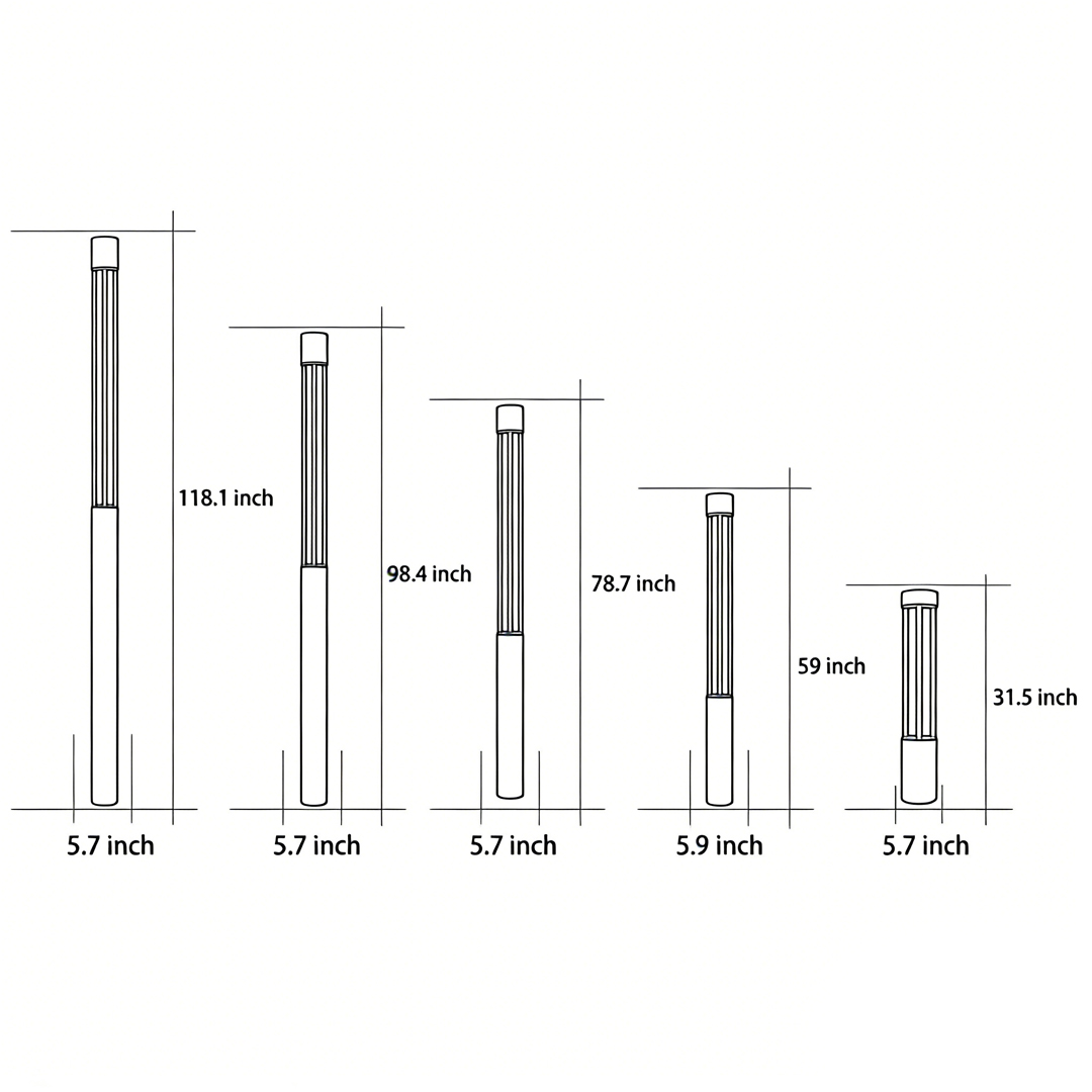 Five product structure dimension drawings for LED bollard path lights