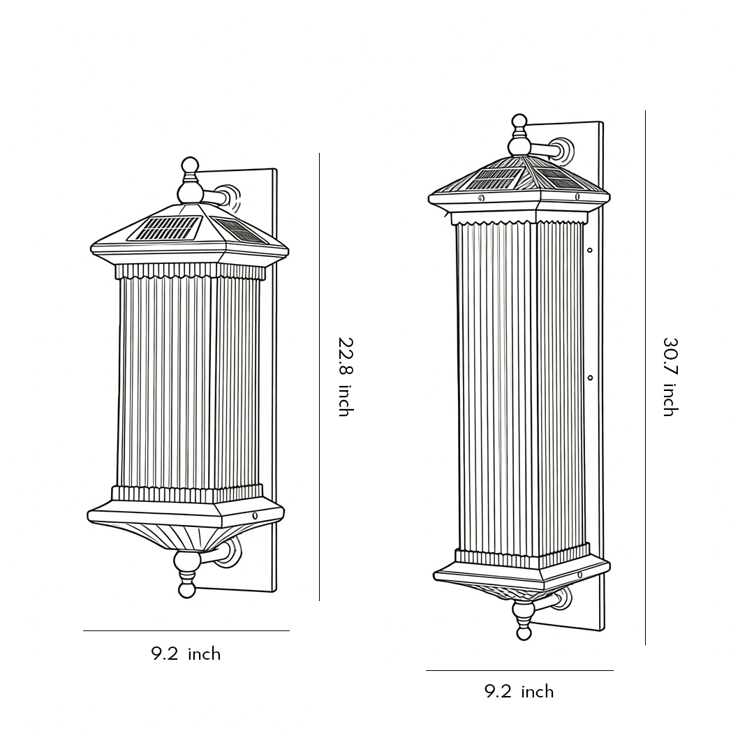 Product dimension diagrams for two specifications of solar outdoor light wall mounts