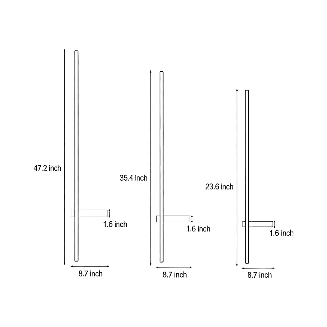 Product size diagrams for three specifications of Strip Wall Lighting