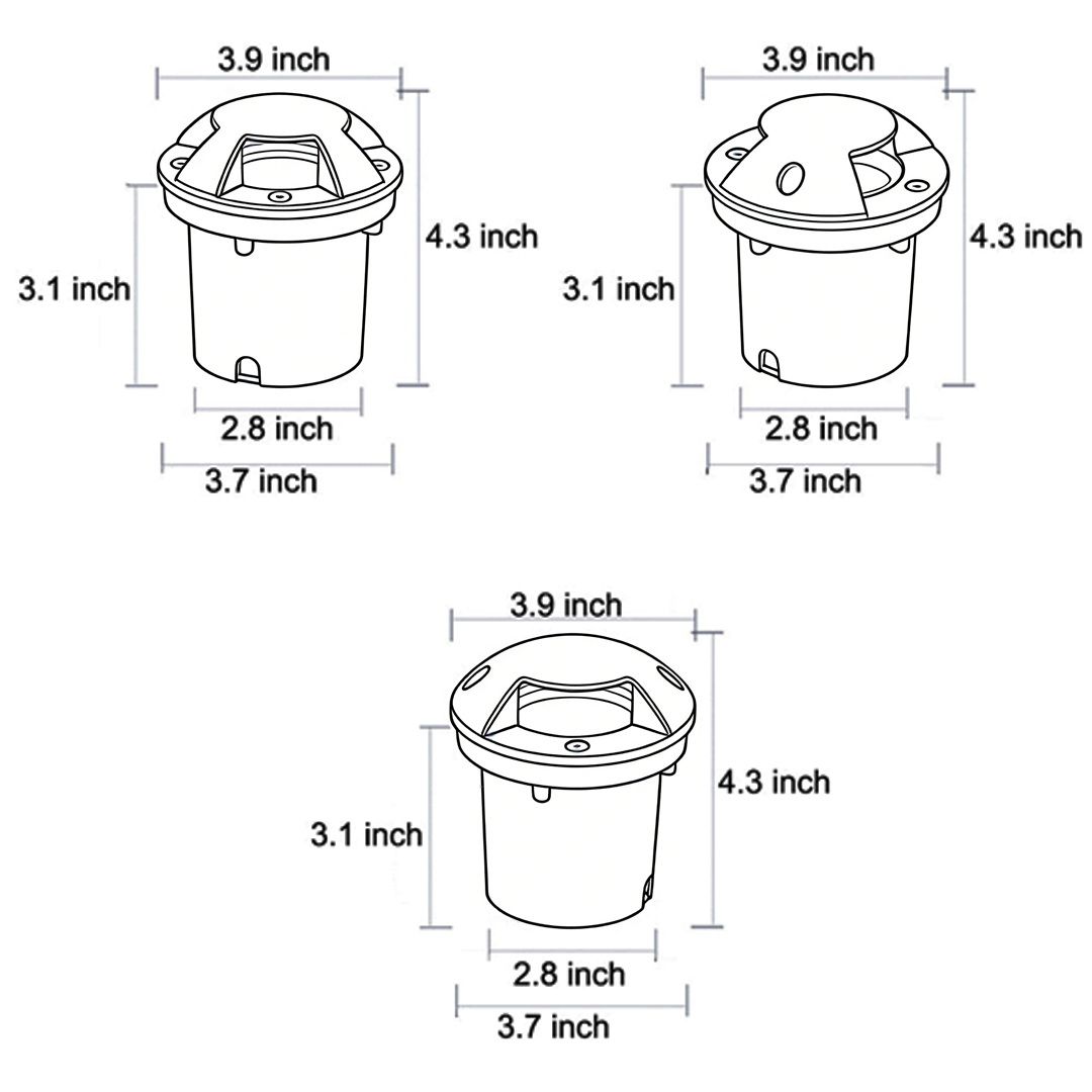 Product size diagrams for three specifications of ground-based low-voltage landscape lighting