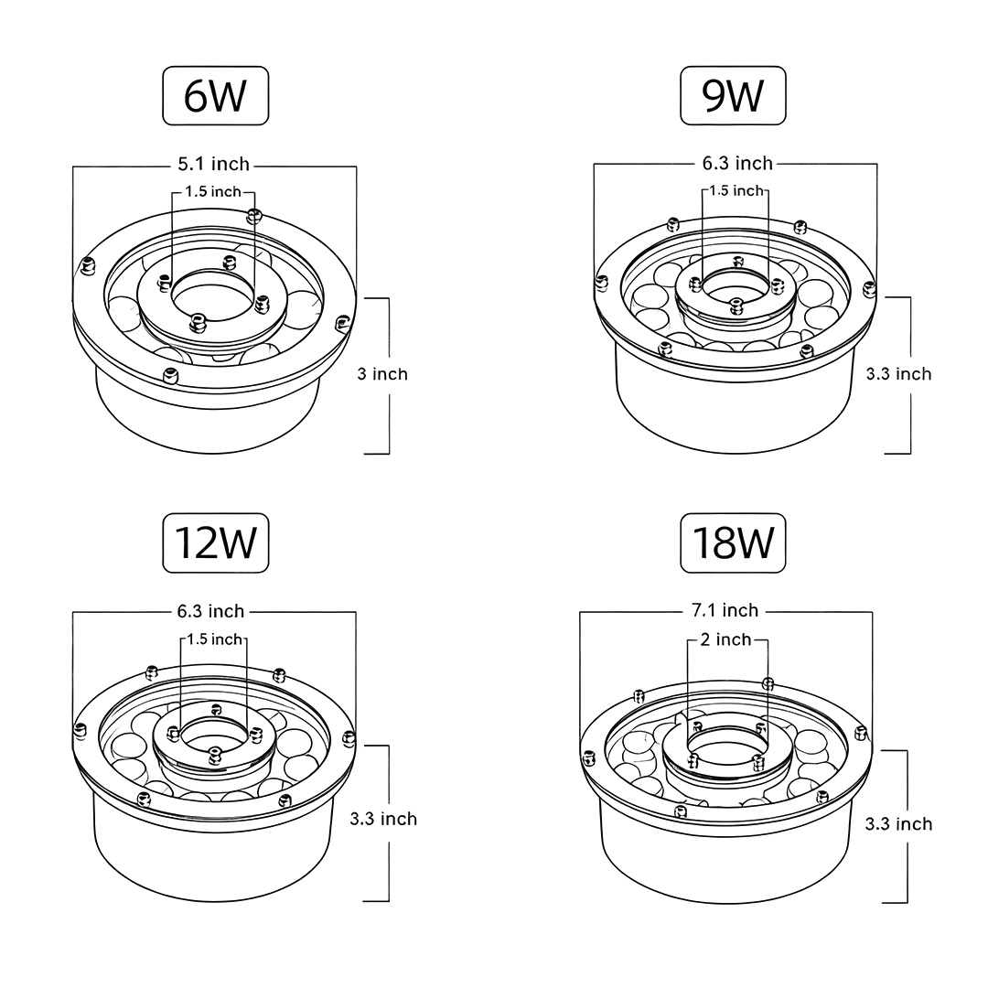 Four product structure dimension drawings for water fountain lights
