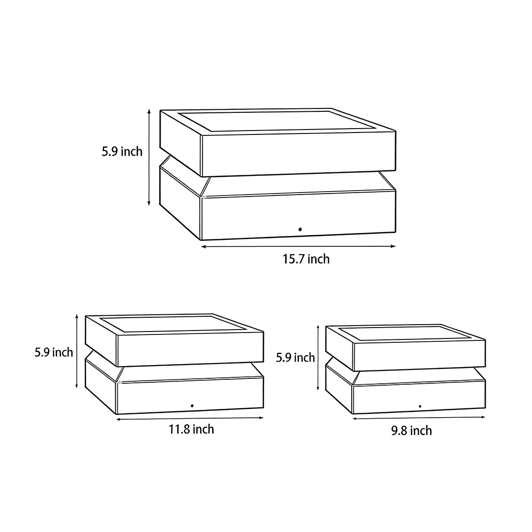 Product size diagrams for three specifications of outdoor solar lights deck