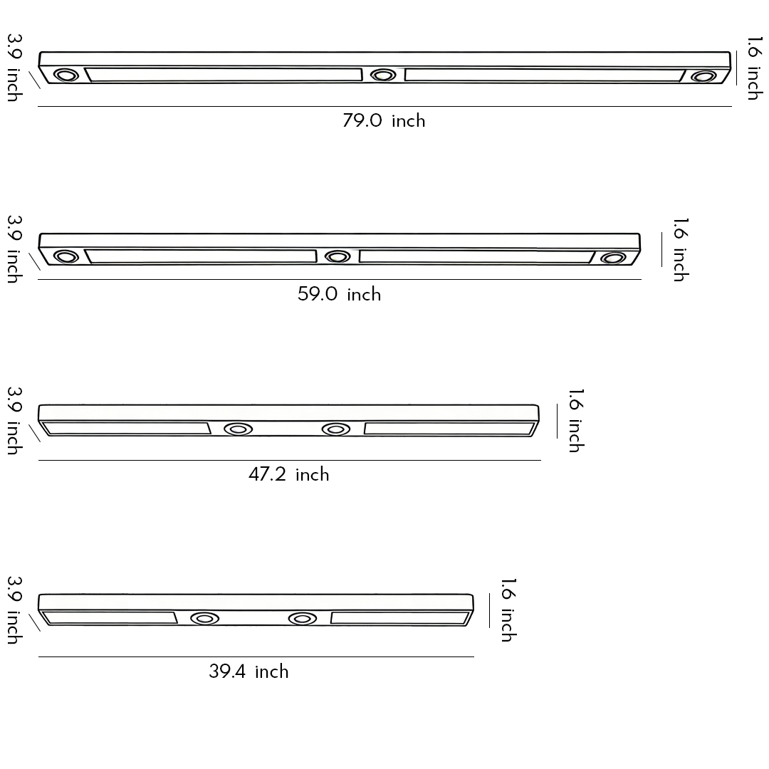 Product size diagrams for four specifications of linear ceiling pendant light