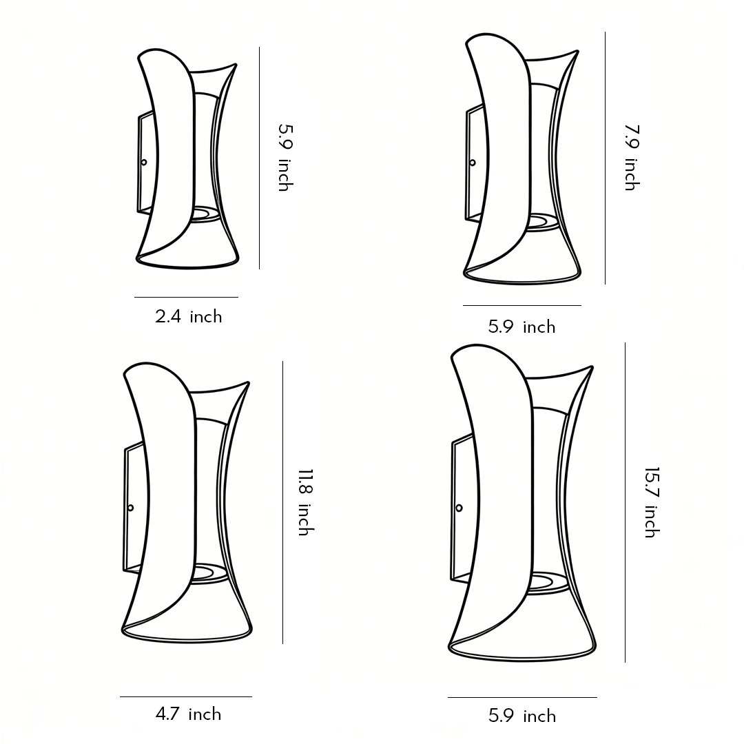 Dimensional drawings of the four specifications of up-down lighting wall lights.