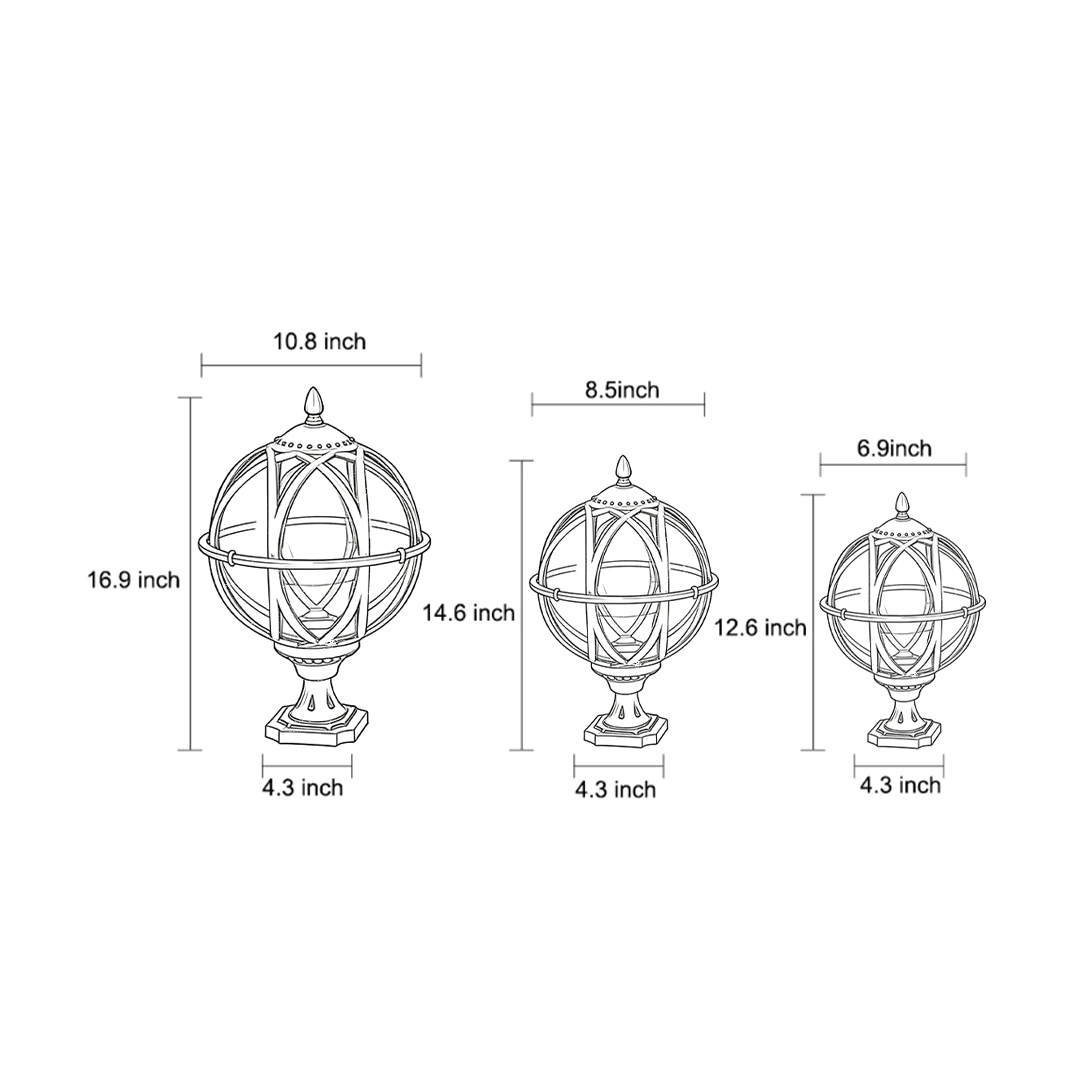 Product size diagrams for three specifications of globe pillar lights