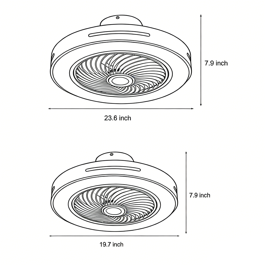 Dimensional drawings of two versions of the white flush-mount ceiling fan with light