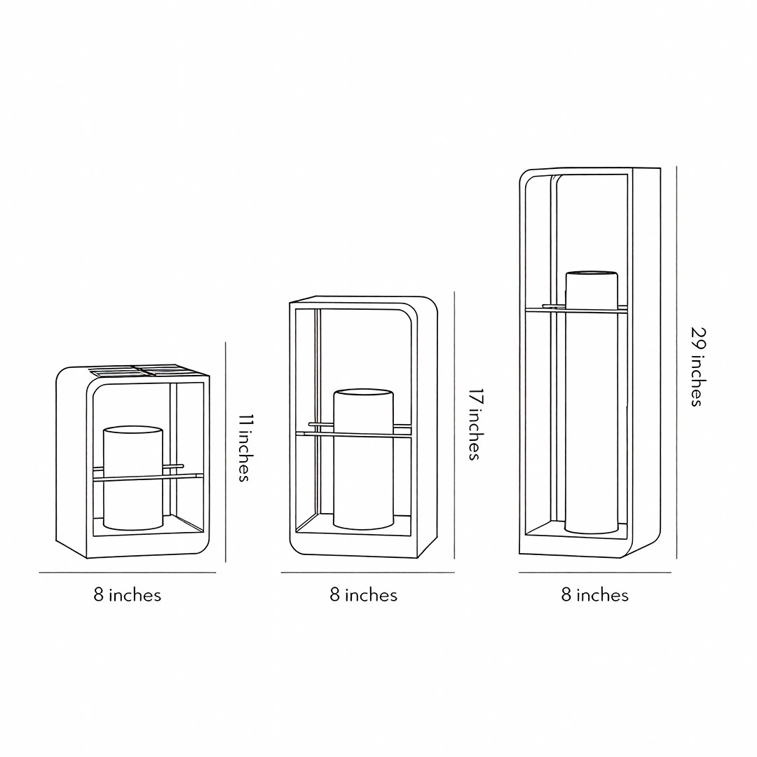 Product size diagrams for three specifications of black lantern outdoor light