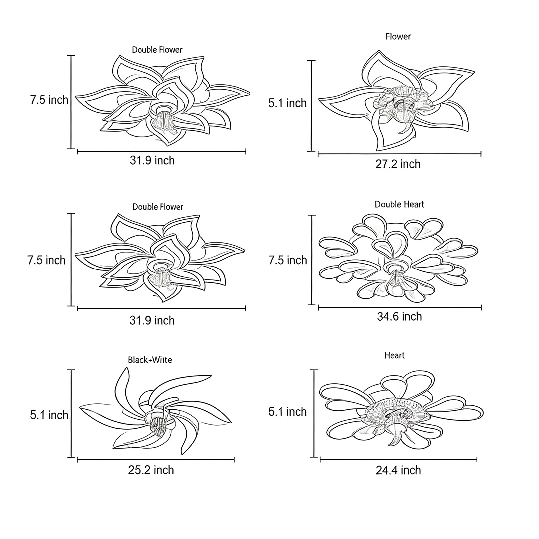 Product size diagram of six specifications for decorative ceiling fans with lights