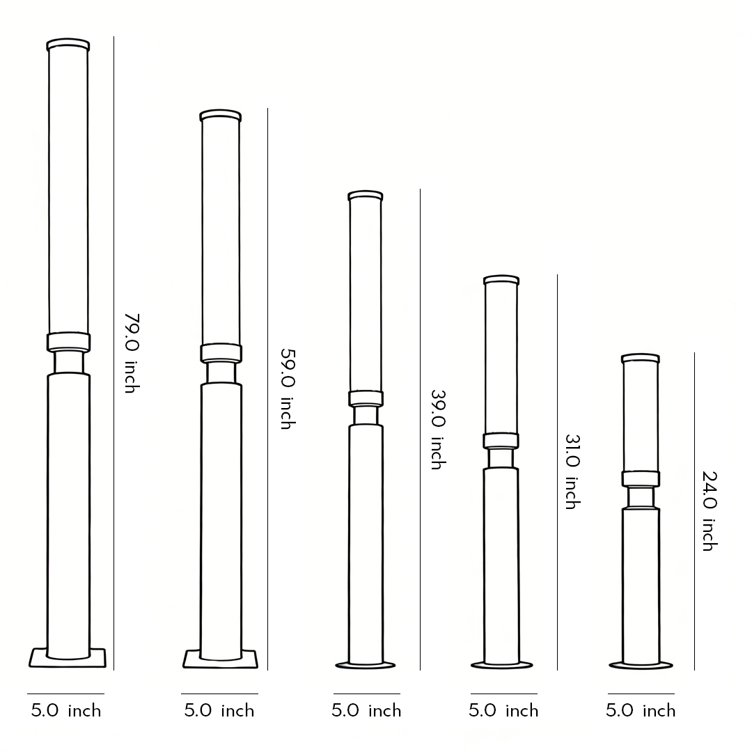 Dimensional drawings of five specifications of residential bollard lights