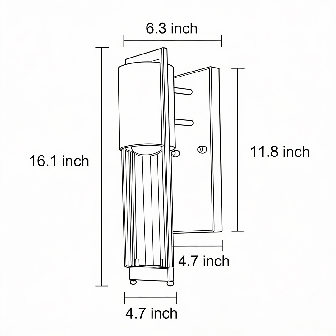 Product dimension diagrams for wall mount outdoor lighting 16.1inch*4.7inch