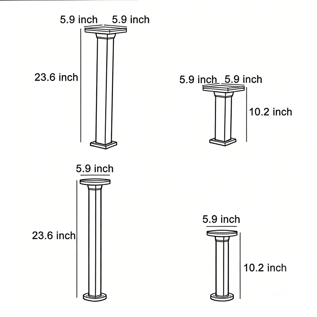 Dimensional drawings of the four different specifications of bollard pathway lights.