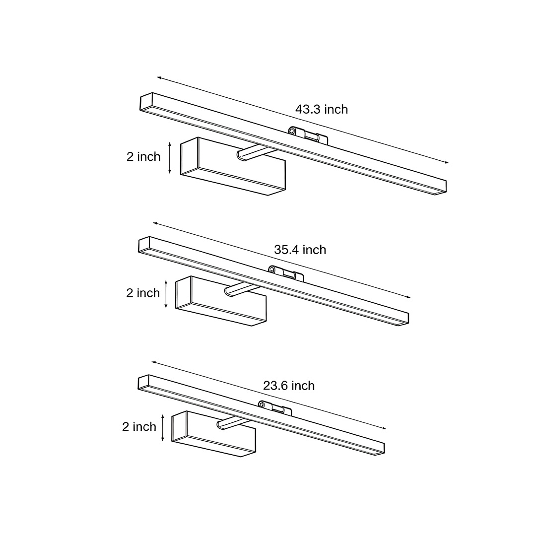 Product dimension diagrams for the three different sizes of the bath bar vanity light.