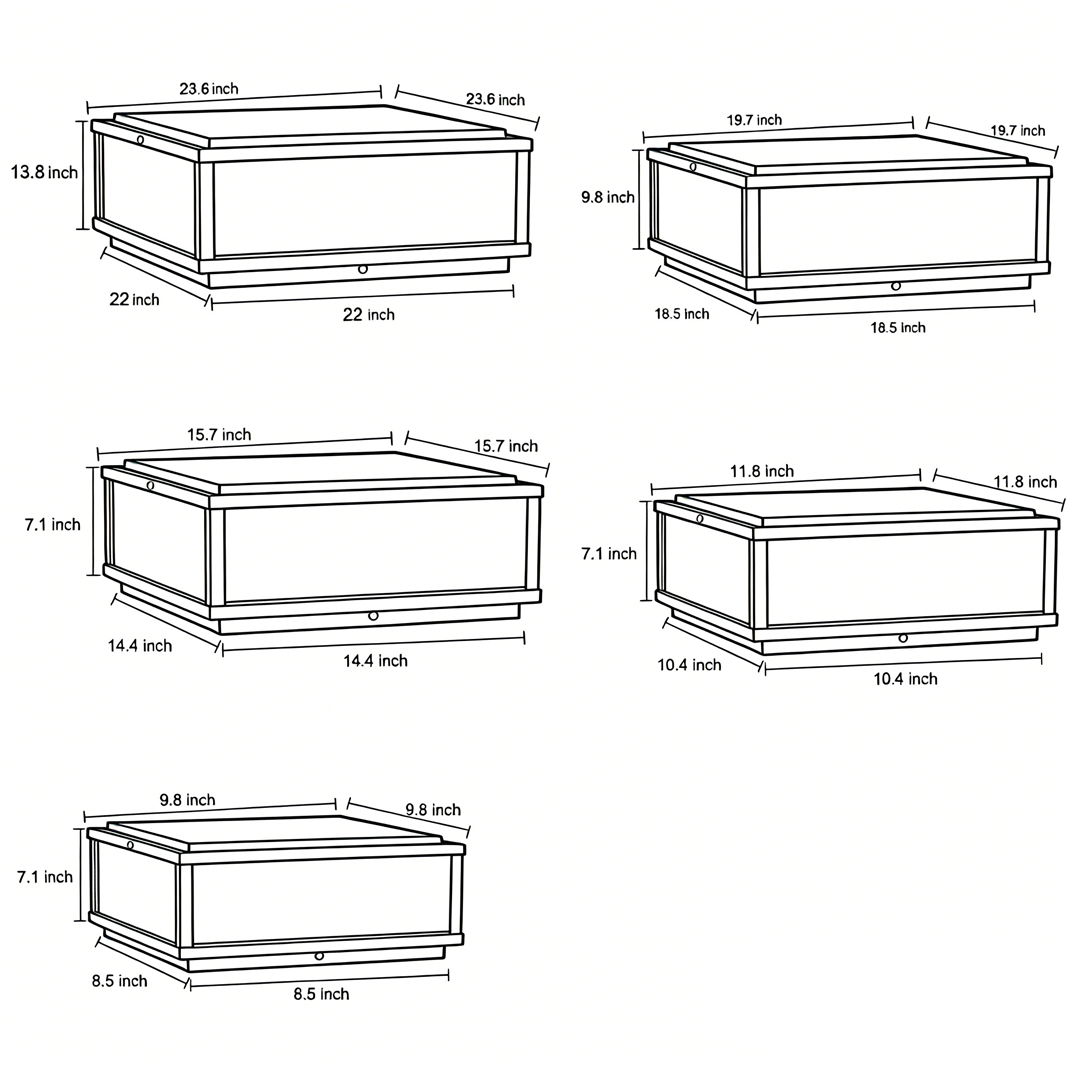 Dimensional drawings of five different specifications of square pillar lights