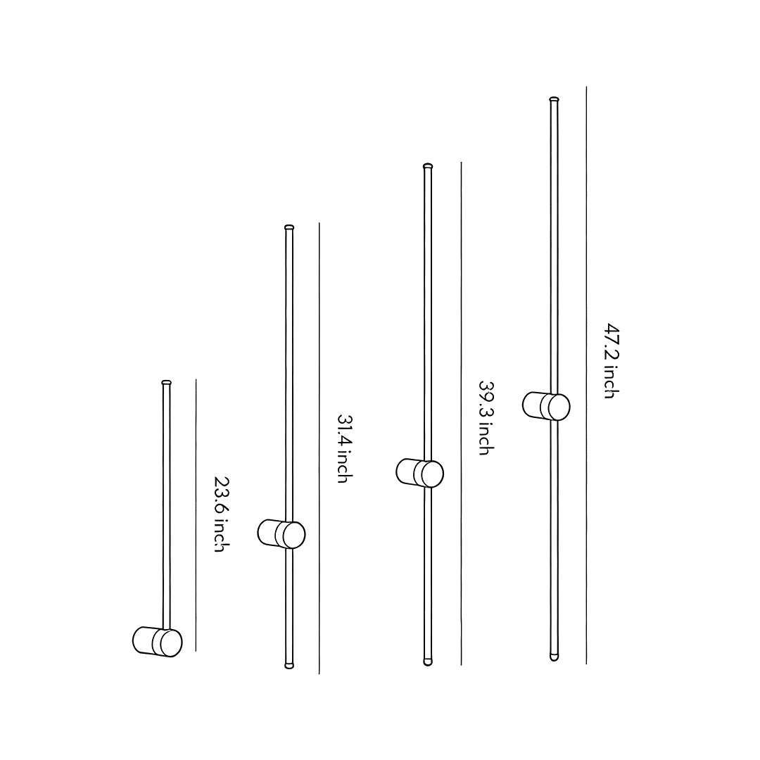 Product size diagrams for four specifications of linear LED wall lights
