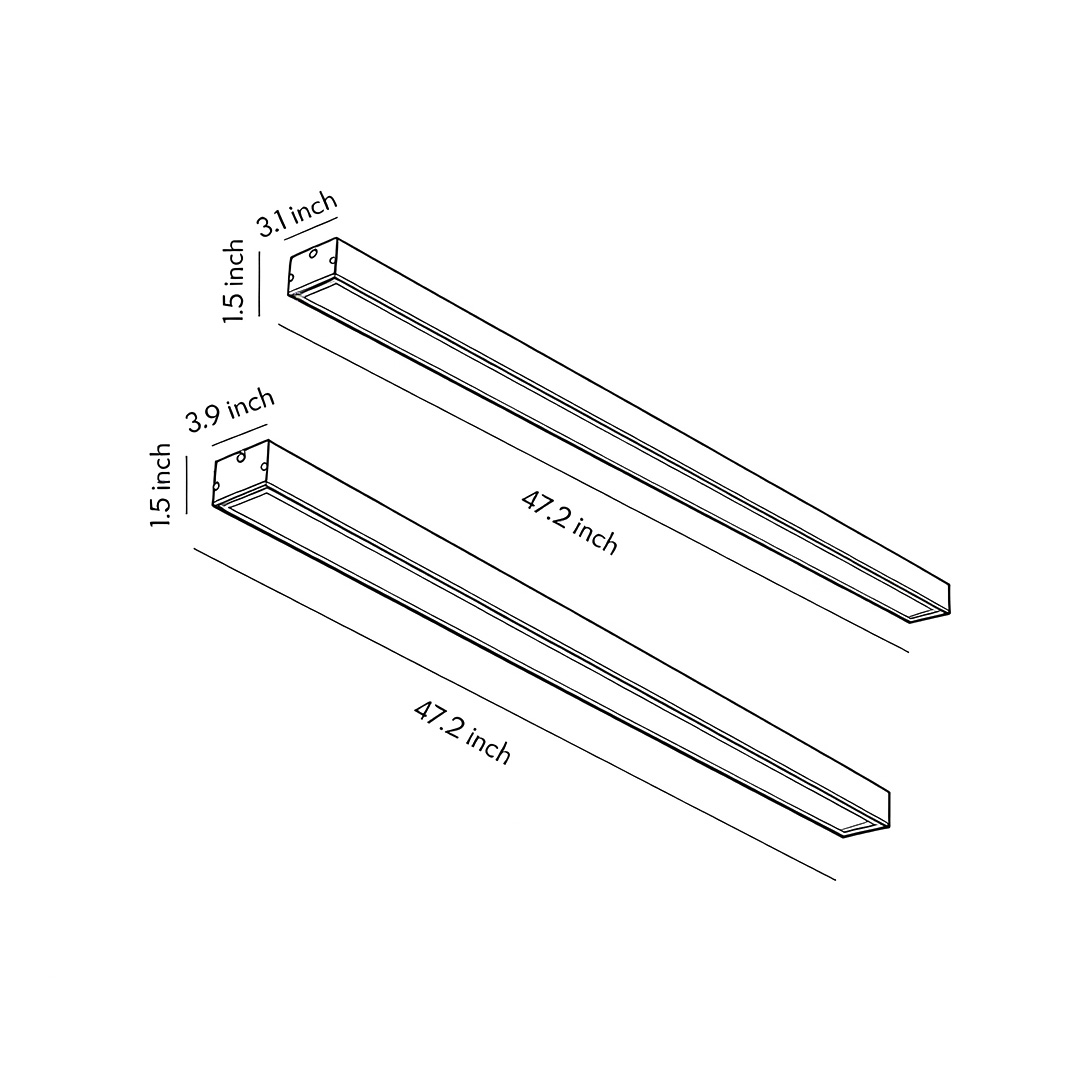 Product images of commercial linear pendant lighting in two different sizes.