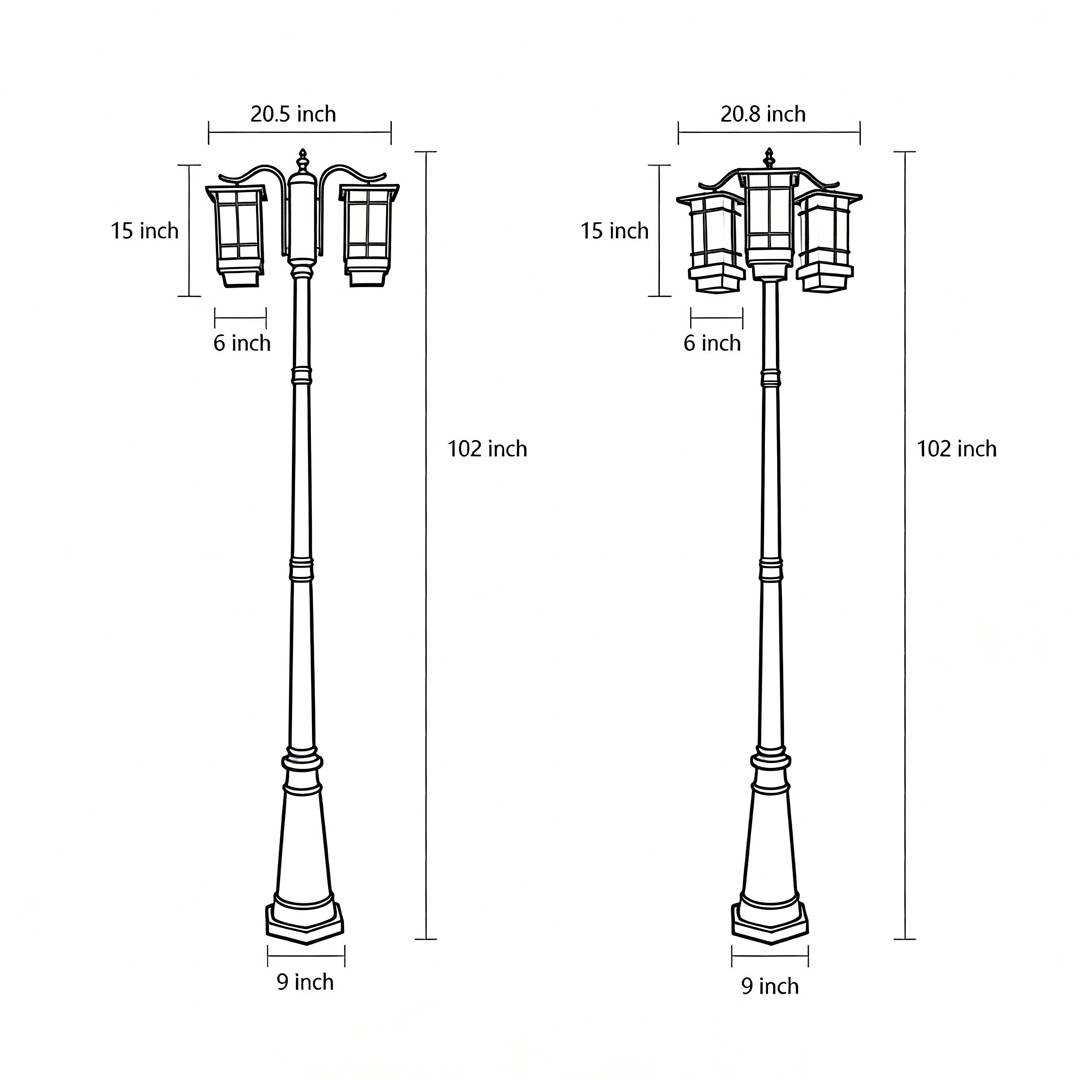 Dimensional drawings of two specifications of the 2-head outdoor post light