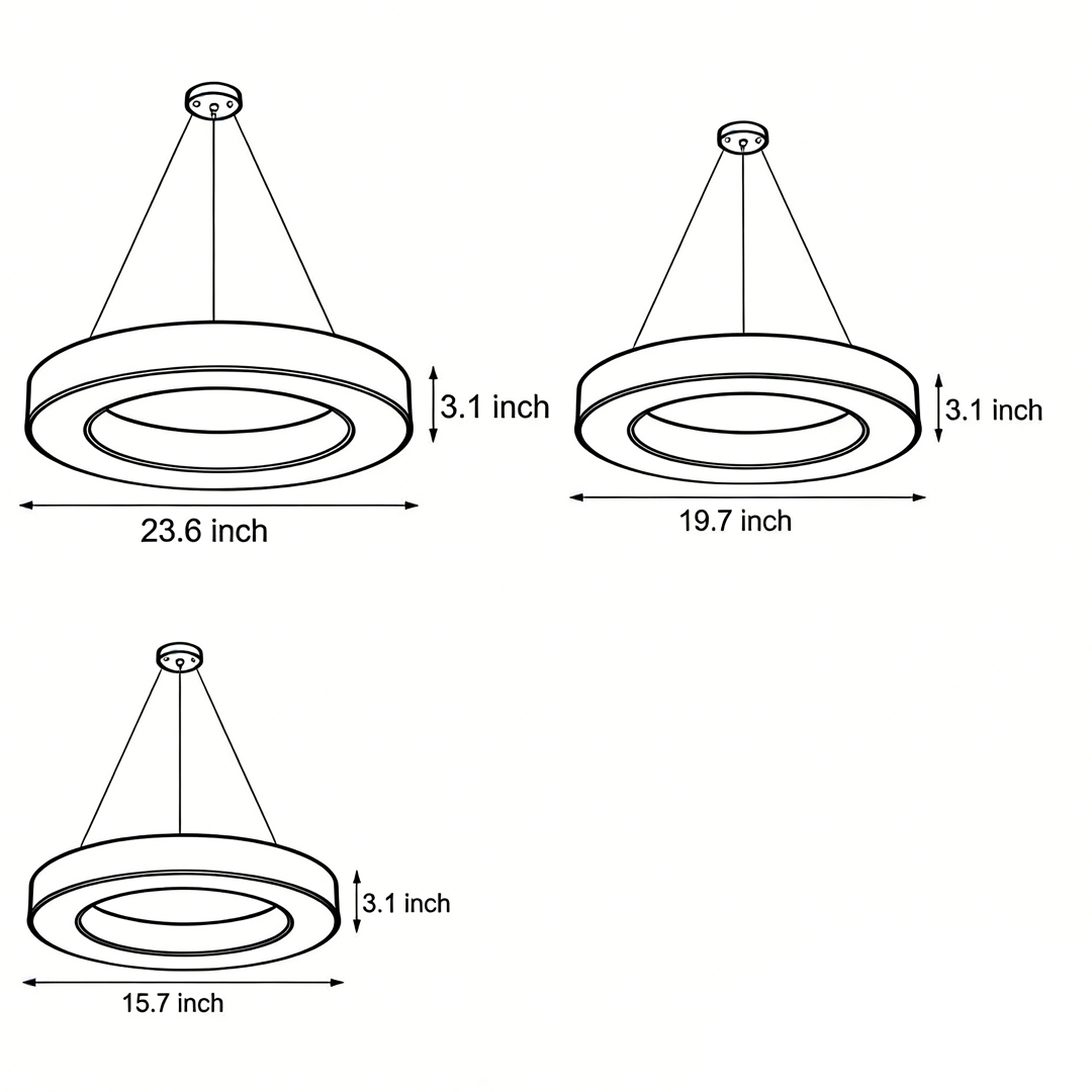 Dimensional drawings of three different sizes of LED pendant ring ceiling lights