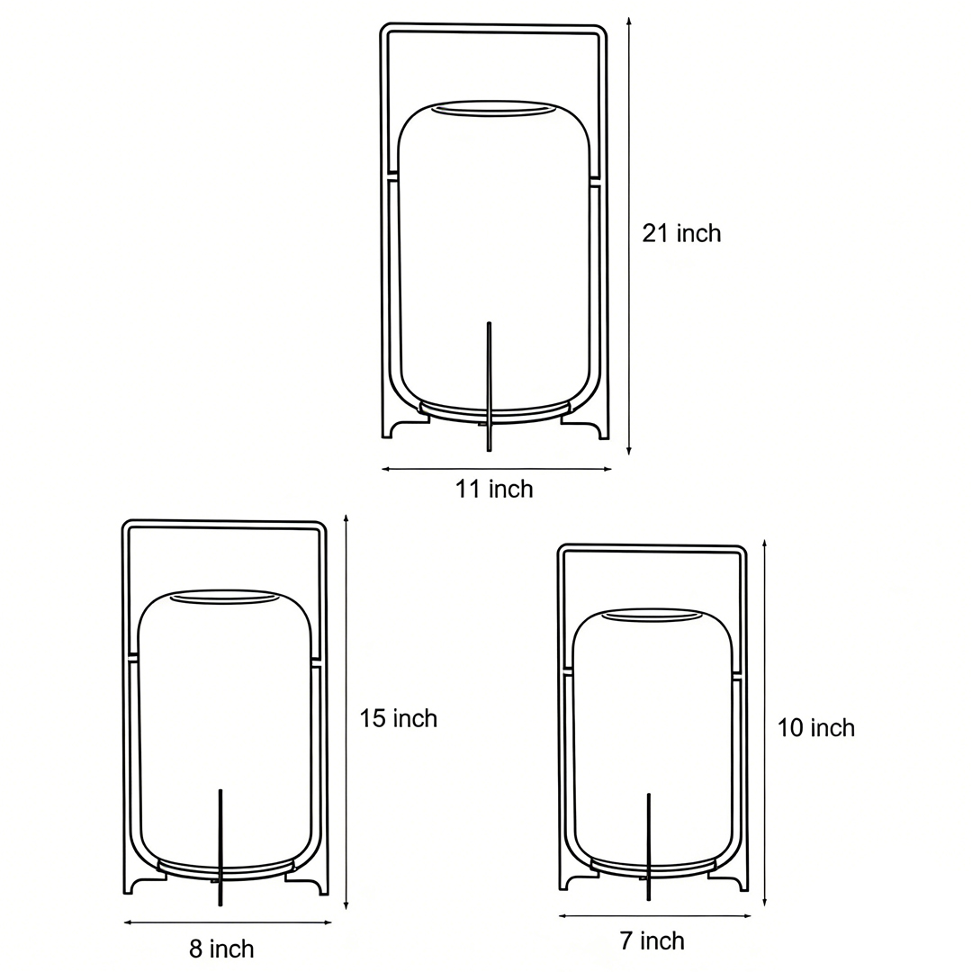 Dimensional drawings of the three sizes of the Outdoor Modern handle lantern