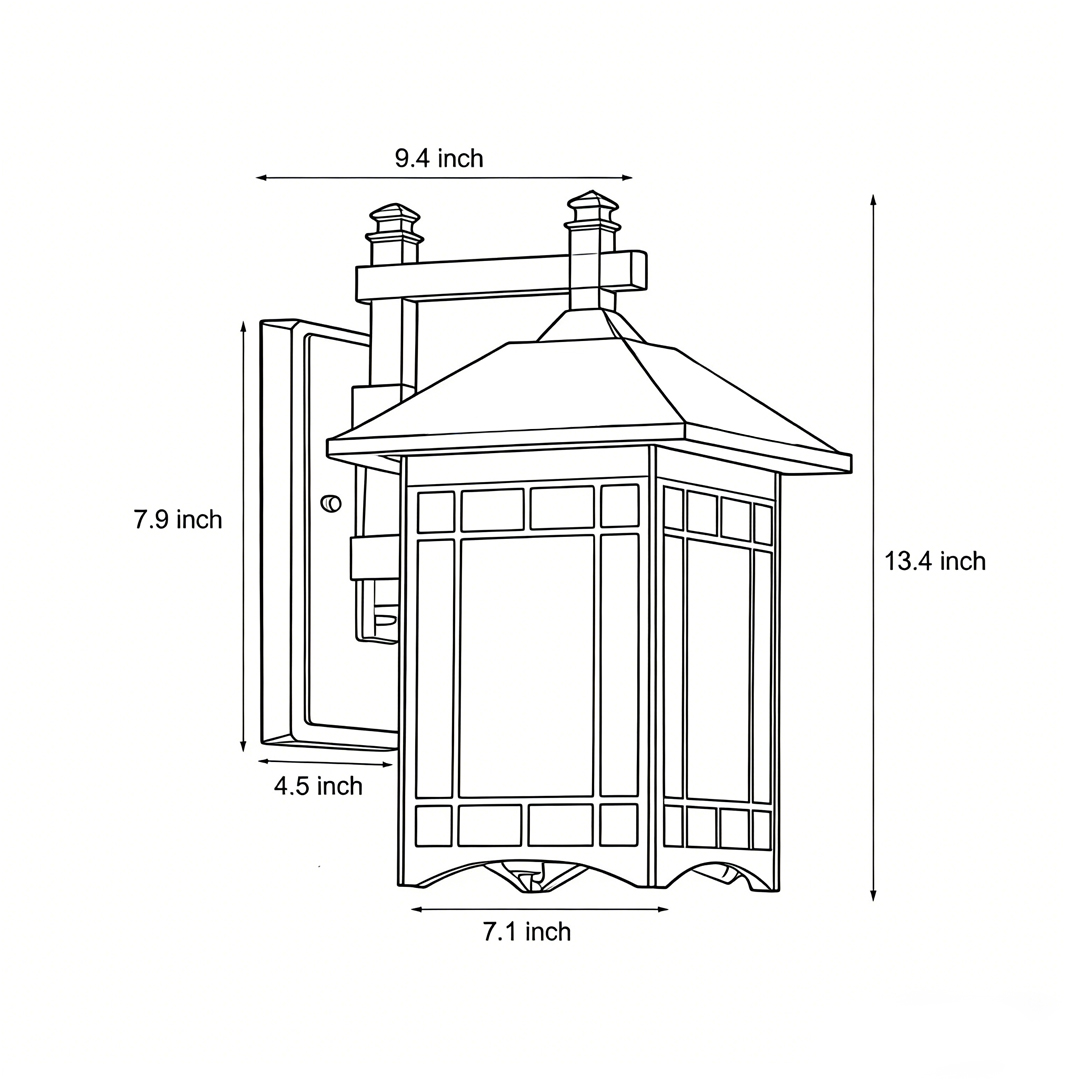 Dimensional drawing of the lantern wall sconce 13.4inch*7.1inch*9.4inch